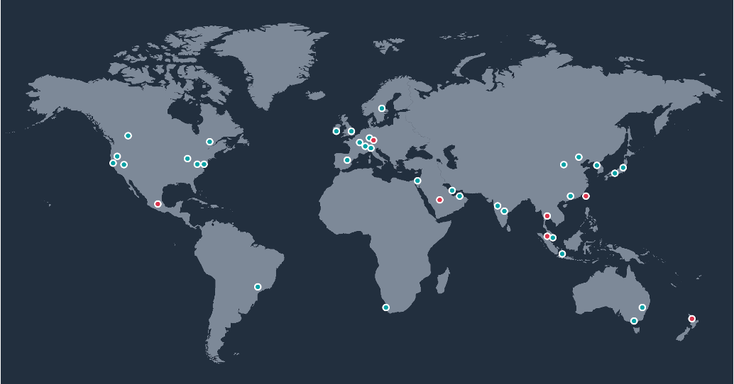 Map of the world showing where AWS regions are located